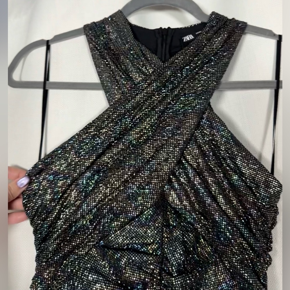 Zara Black Rainbow Metallic Cross Neck Halter Ruched Mini Dress XS - Picture 11 of 16